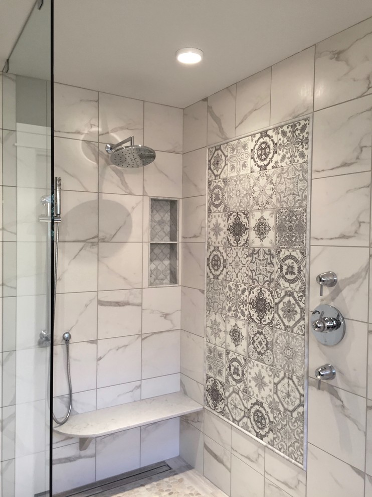 Mid-sized transitional master gray tile and marble tile marble floor bathroom photo in Portland with furniture-like cabinets, dark wood cabinets, a one-piece toilet, gray walls, an undermount sink, quartz countertops and gray countertops