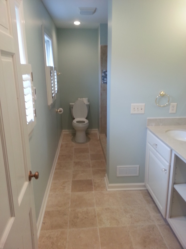 Пример оригинального дизайна: ванная комната в классическом стиле с фасадами с выступающей филенкой, белыми фасадами, душем в нише и керамогранитной плиткой