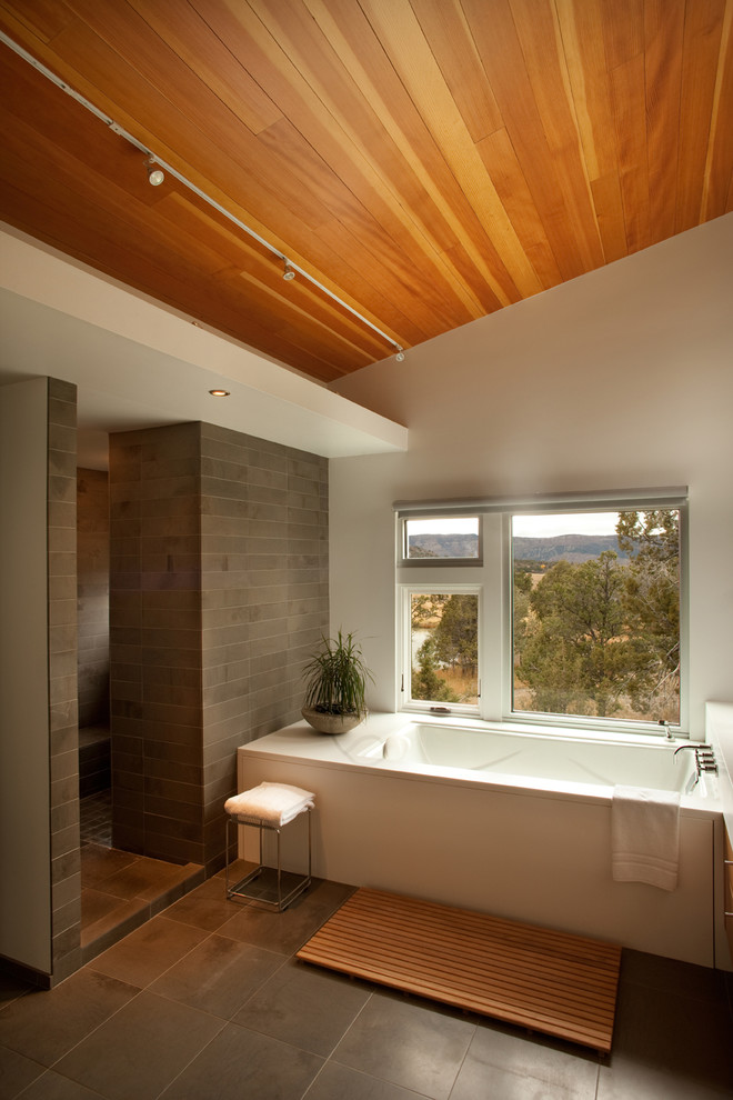 Modernes Badezimmer En Suite mit Unterbauwanne, offener Dusche, braunen Fliesen, Steinfliesen, weißer Wandfarbe und Schieferboden in Atlanta
