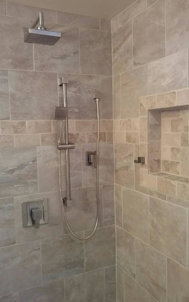 Traditional bathroom in Other with a corner shower, beige tiles, porcelain tiles and an open shower.