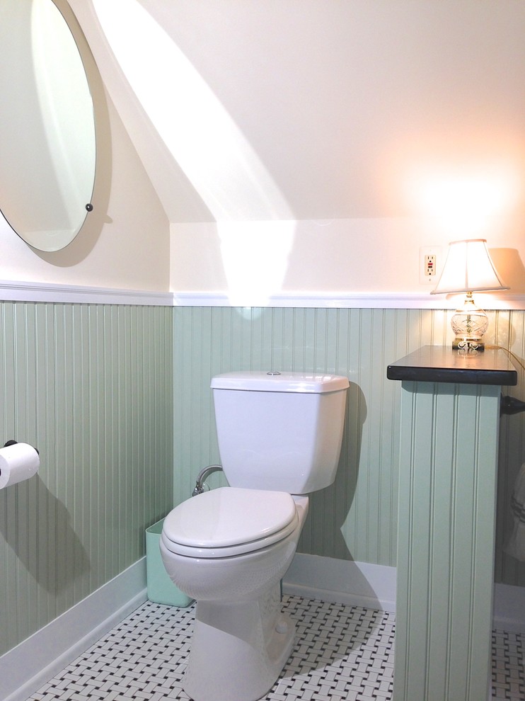 Example of a large classic master white tile and subway tile mosaic tile floor bathroom design in Baltimore with a pedestal sink, a two-piece toilet and green walls