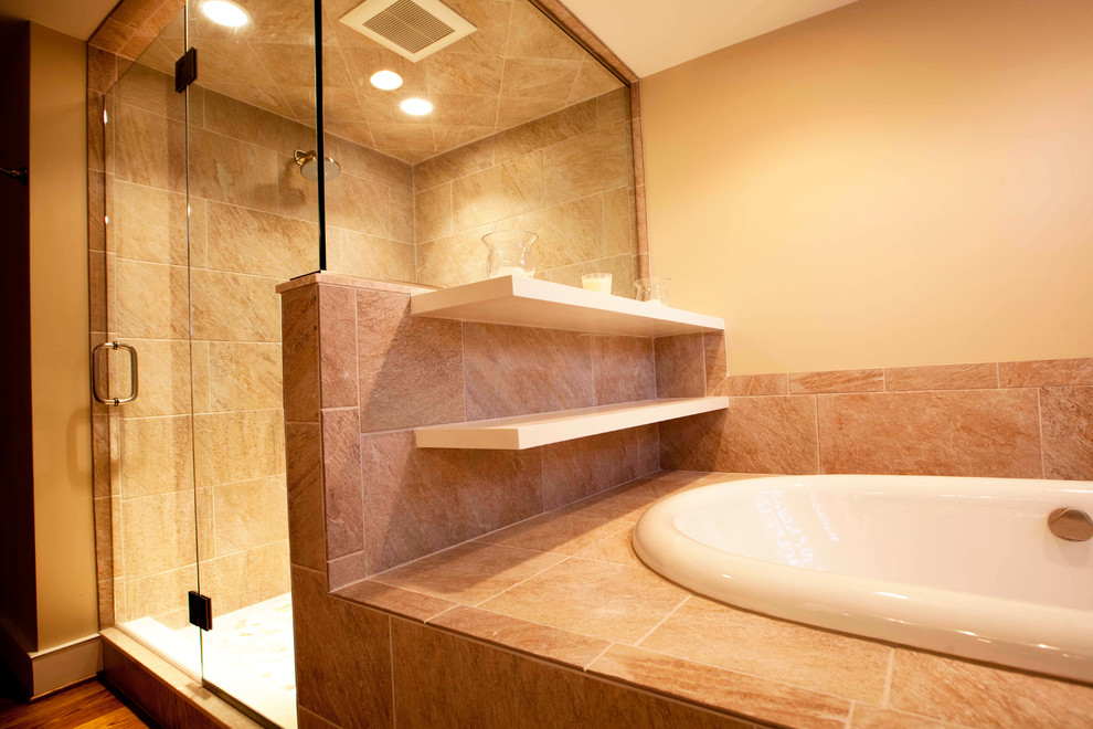 Example of a large classic master beige tile and ceramic tile dark wood floor bathroom design in Baltimore with an undermount sink, raised-panel cabinets, white cabinets, granite countertops, a two-piece toilet and white walls