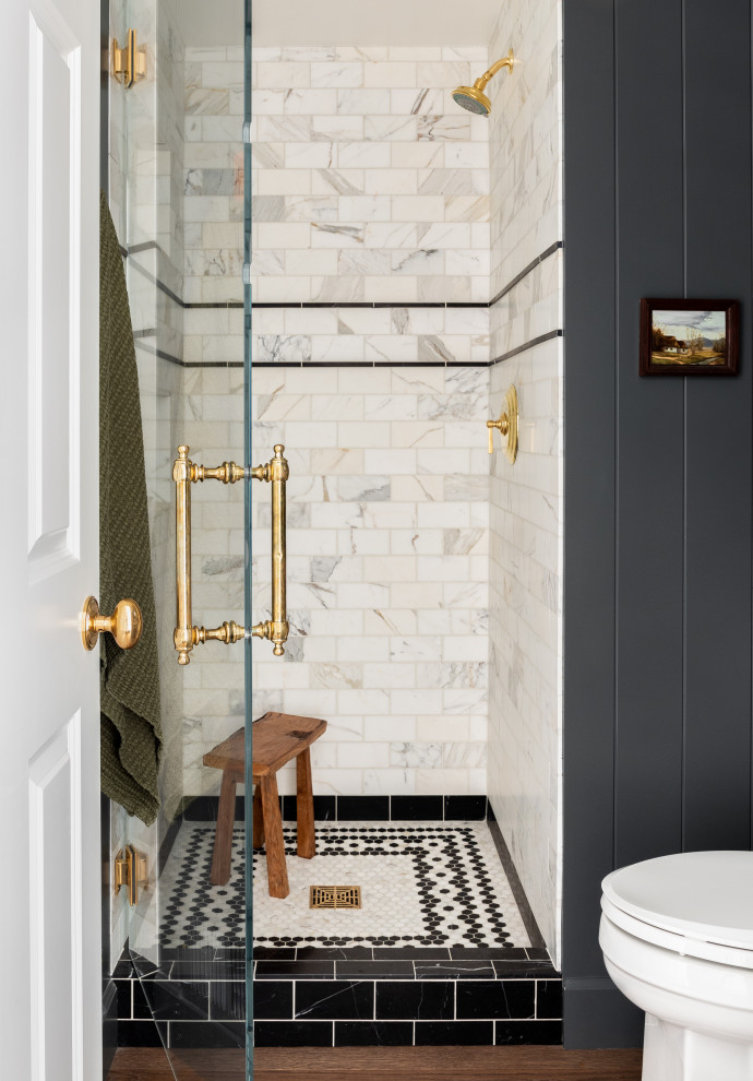 Design ideas for a classic bathroom in Seattle with an alcove shower, white tiles, grey walls, medium hardwood flooring, brown floors, a hinged door and tongue and groove walls.