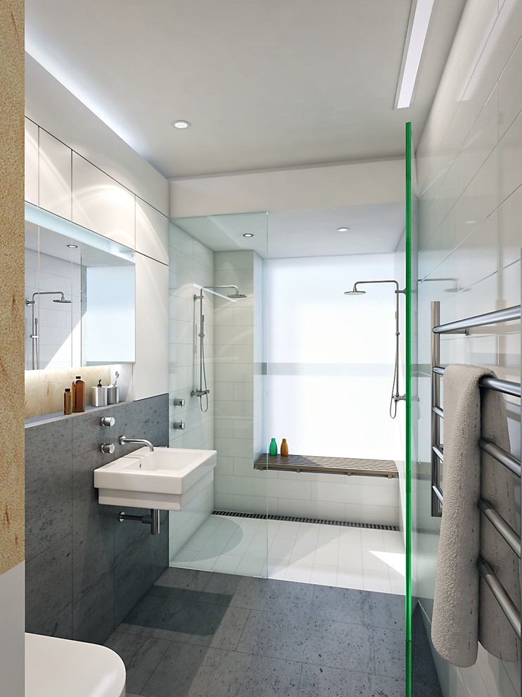 Cette photo montre une douche en alcôve tendance de taille moyenne avec un carrelage gris, un carrelage blanc, un sol en carrelage de céramique, un lavabo suspendu, un sol gris et aucune cabine.