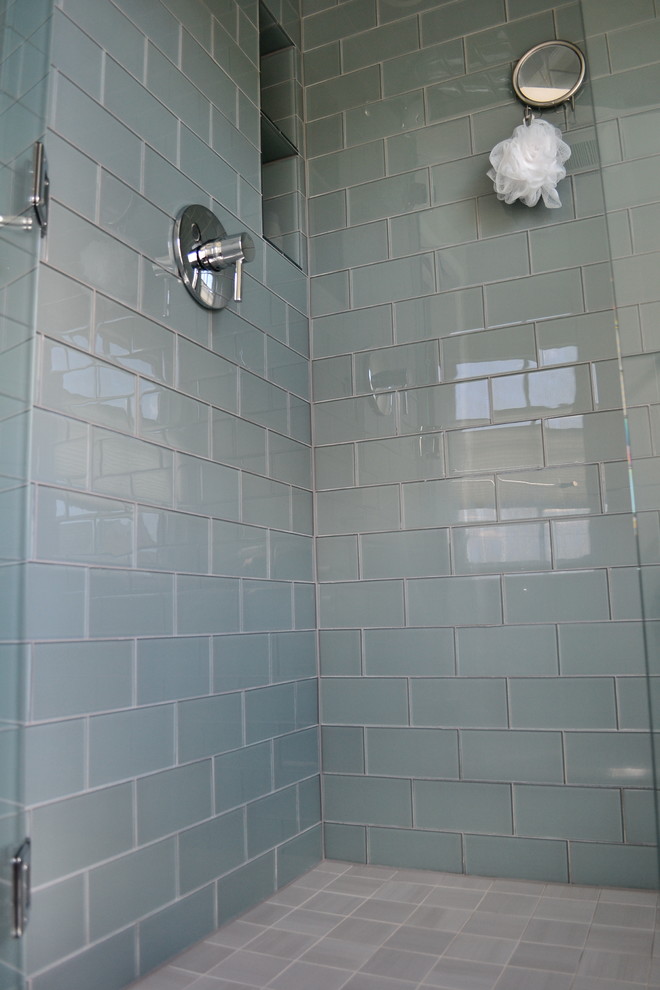 Alcove shower - large transitional blue tile and glass tile ceramic tile alcove shower idea in Seattle