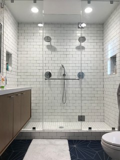 Shower Bath Niche with subway tile and glass shelves. Shower bath feature a niche  with subway tile and gl…