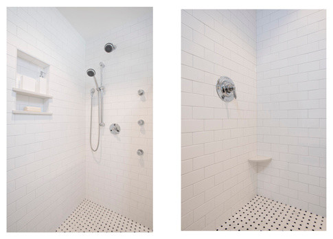 Idées déco pour une salle de bain contemporaine avec une douche d'angle, un carrelage noir et blanc et mosaïque.