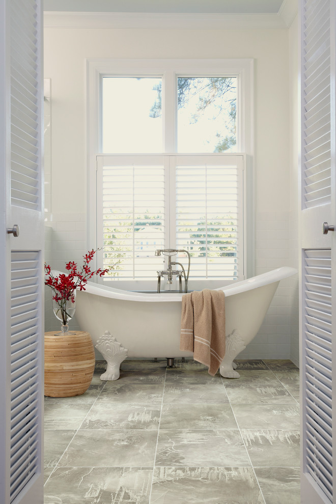 Mid-sized trendy 3/4 gray tile and subway tile ceramic tile and gray floor claw-foot bathtub photo in Orange County with white walls