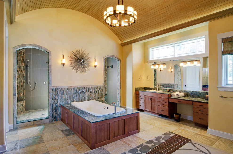 На фото: ванная комната в стиле модернизм с накладной раковиной, плоскими фасадами, фасадами цвета дерева среднего тона, накладной ванной, открытым душем, бежевой плиткой, удлиненной плиткой и открытым душем с