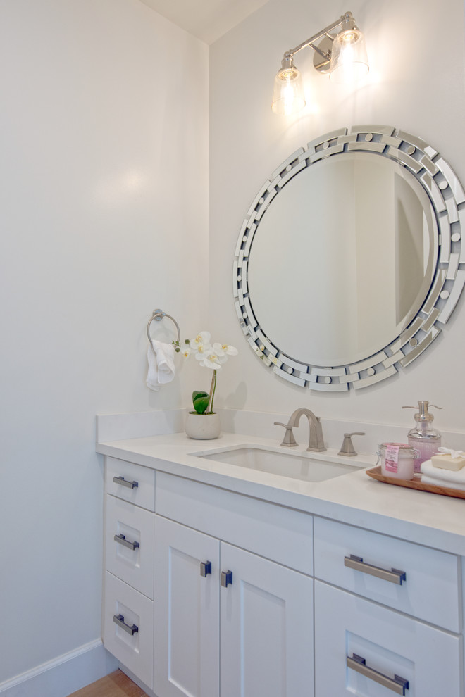 Exempel på ett litet klassiskt vit vitt badrum med dusch, med skåp i shakerstil, vita skåp, vita väggar, ljust trägolv och brunt golv