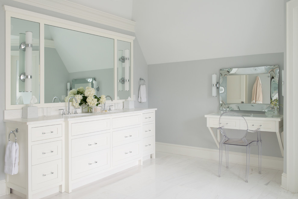 Medium sized classic ensuite bathroom in DC Metro with beaded cabinets, white cabinets, grey walls, marble flooring, a submerged sink, marble worktops and white floors.