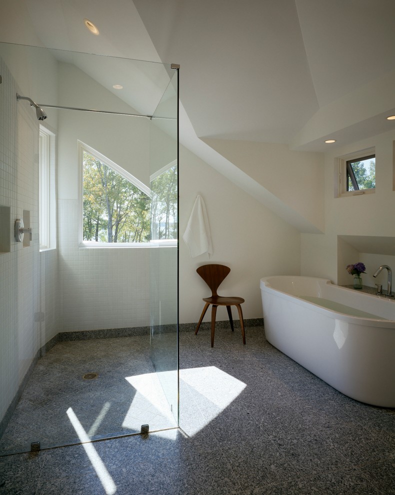 Mid-sized transitional gray tile bathroom photo in Other with white walls