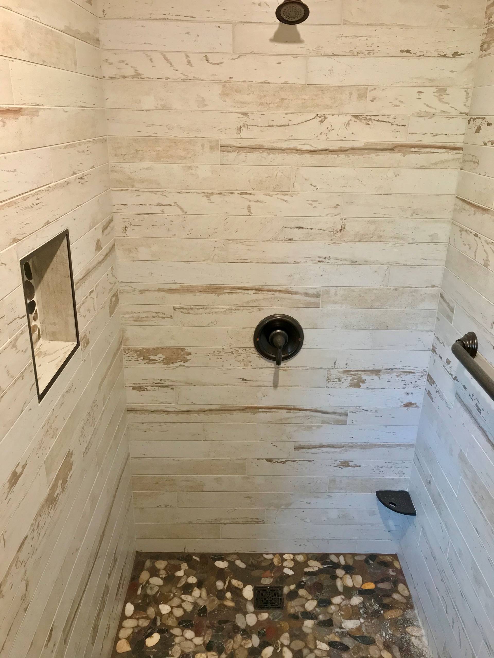 Shiplap Walls Shower Wall Pebble Shower Floor Koch Cabinets Rustic Beech Rustic Bathroom Other By Chris Robinson Houzz