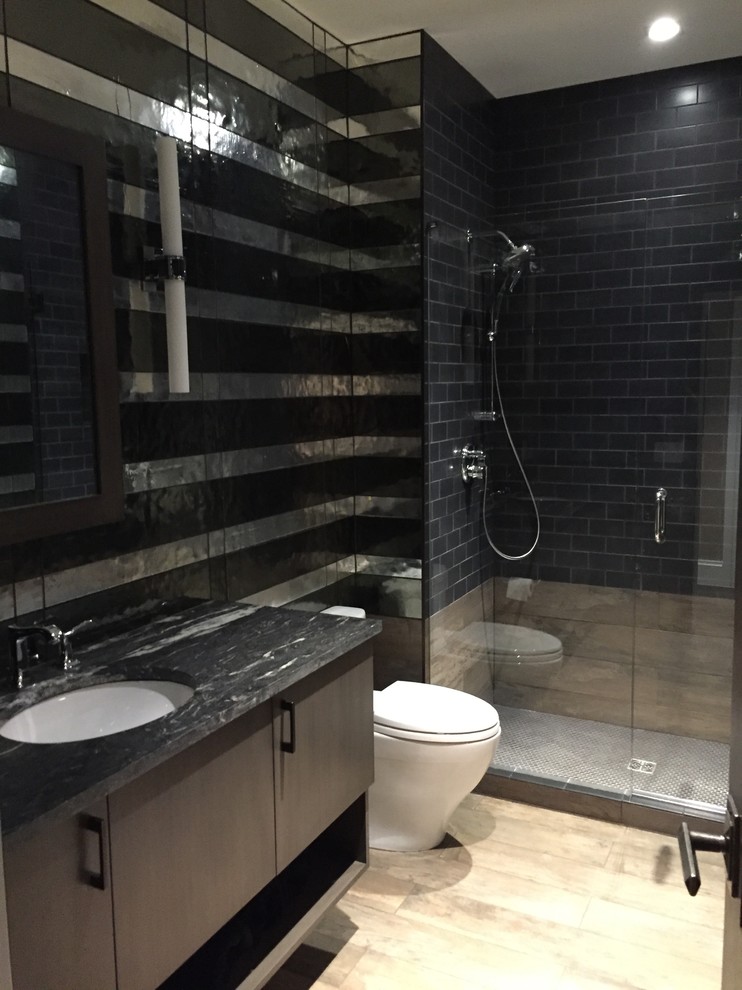 Mid-sized eclectic 3/4 black tile and glass sheet porcelain tile bathroom photo in Denver with flat-panel cabinets, gray cabinets and marble countertops