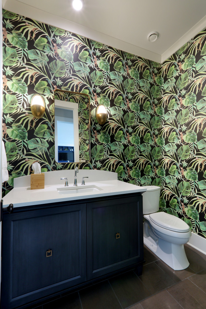 Idéer för ett litet klassiskt vit badrum med dusch, med luckor med infälld panel, blå skåp, en toalettstol med separat cisternkåpa, gröna väggar, skiffergolv, ett undermonterad handfat, bänkskiva i kvartsit och grått golv