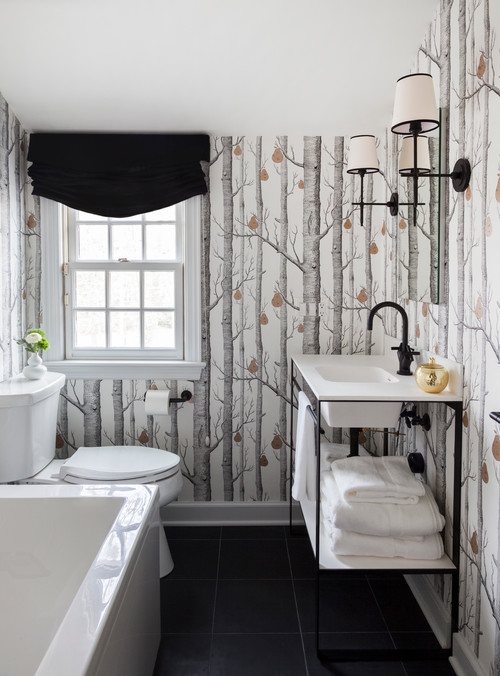 Nature's Embrace: Birch Tree Bathroom Wallpaper Ideas in Black and White Design