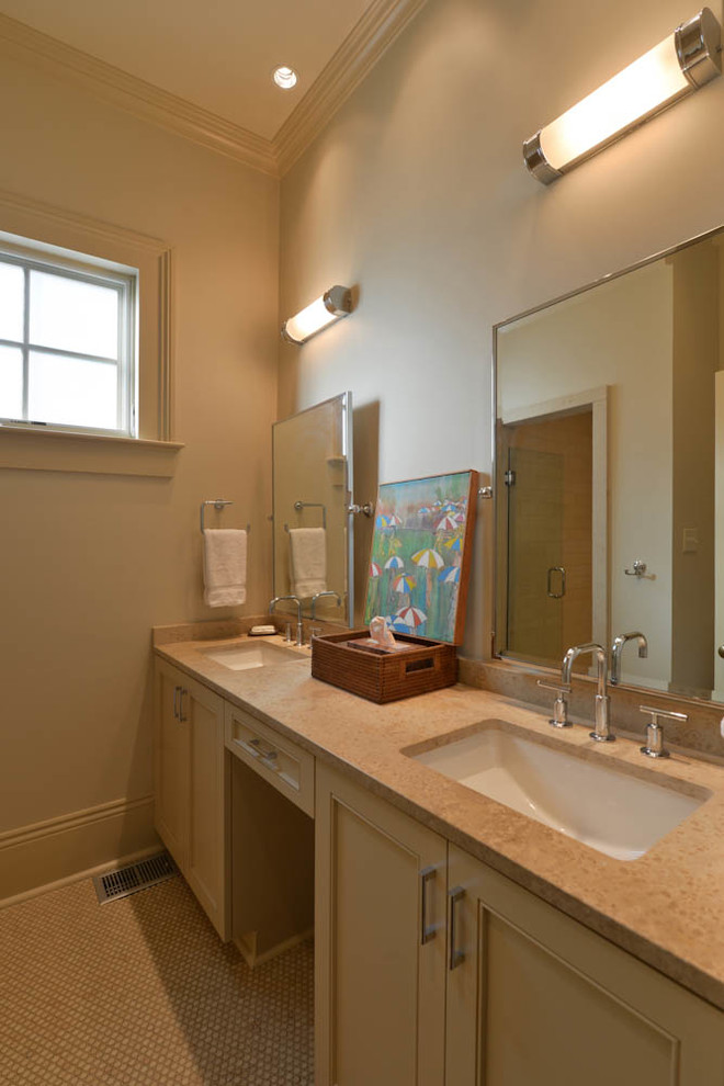 Alcove shower - mid-sized traditional kids' beige tile and mosaic tile mosaic tile floor alcove shower idea in New Orleans with an undermount sink, shaker cabinets, beige cabinets, beige walls and quartz countertops