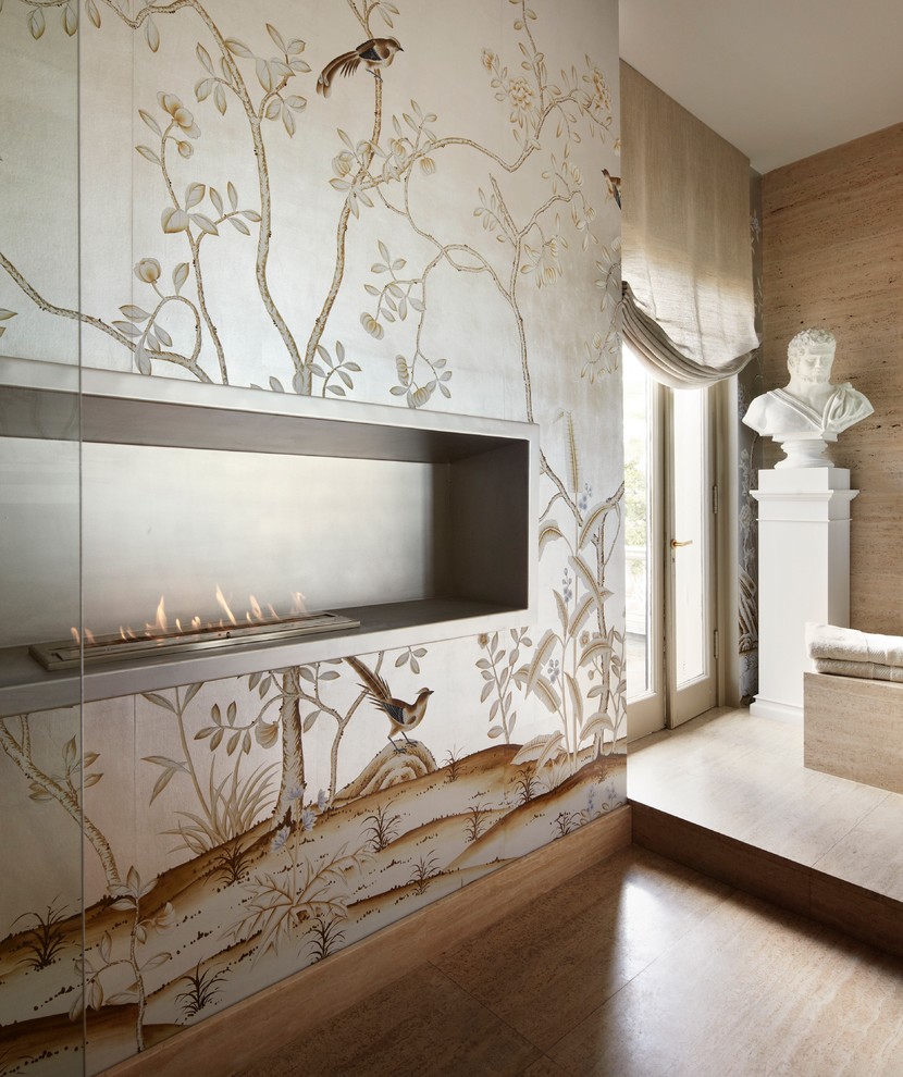 Medium sized traditional ensuite bathroom in Chicago with flat-panel cabinets, medium wood cabinets, a submerged bath, beige tiles, stone slabs, beige walls, porcelain flooring, a submerged sink, limestone worktops and a chimney breast.