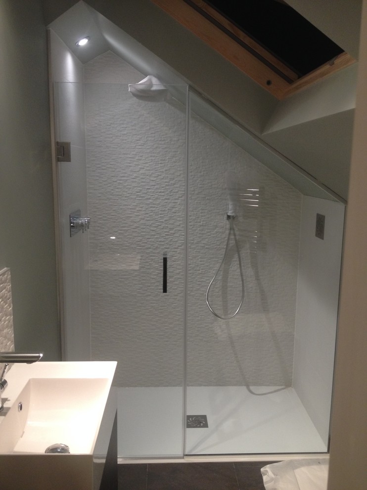 Photo of a medium sized contemporary shower room bathroom in Other with a walk-in shower and white tiles.