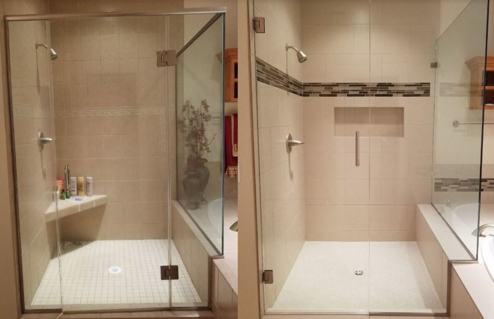 Свежая идея для дизайна: главная ванная комната среднего размера в классическом стиле с ванной в нише, бежевой плиткой, керамогранитной плиткой, бежевыми стенами, врезной раковиной и душем с распашными дверями - отличное фото интерьера