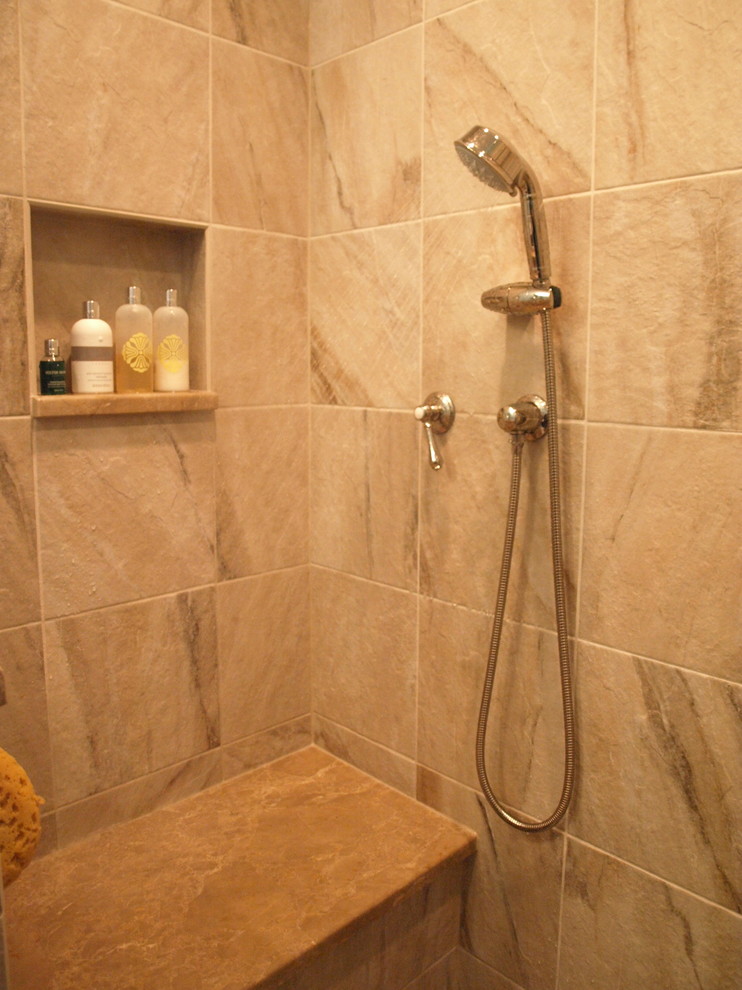 Inspiration for a small timeless master beige tile and ceramic tile ceramic tile and beige floor doorless shower remodel in Newark with flat-panel cabinets, dark wood cabinets, a one-piece toilet, blue walls, an undermount sink and granite countertops