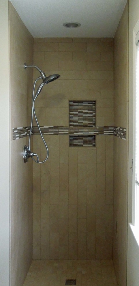 Small transitional 3/4 beige tile and porcelain tile porcelain tile alcove shower photo in Charleston with an undermount sink, recessed-panel cabinets, dark wood cabinets, granite countertops, a two-piece toilet and beige walls