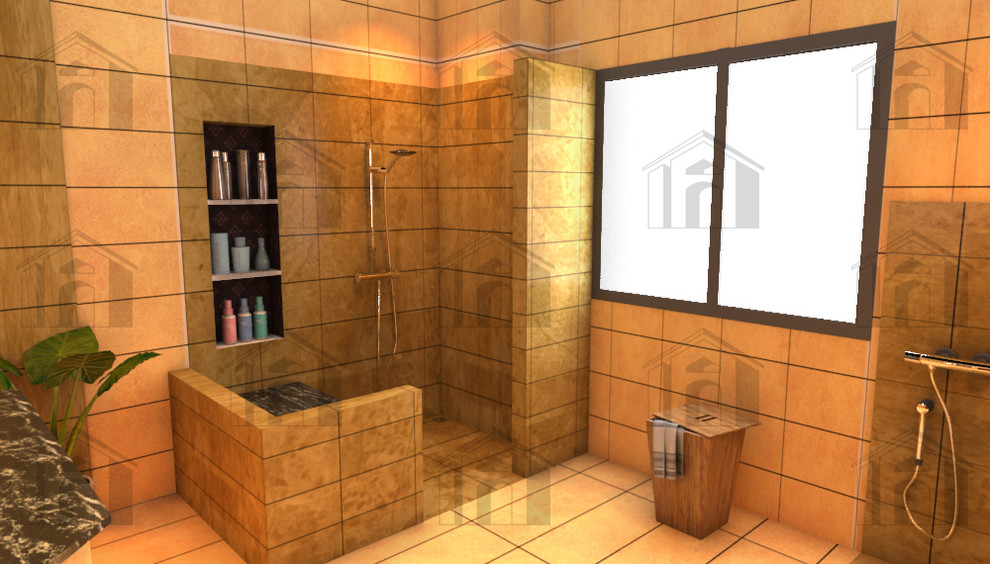 Bild på ett mellanstort funkis badrum med dusch, med öppna hyllor, vita skåp, en öppen dusch, brun kakel, keramikplattor, bruna väggar, klinkergolv i keramik, ett undermonterad handfat, granitbänkskiva, brunt golv och dusch med gångjärnsdörr