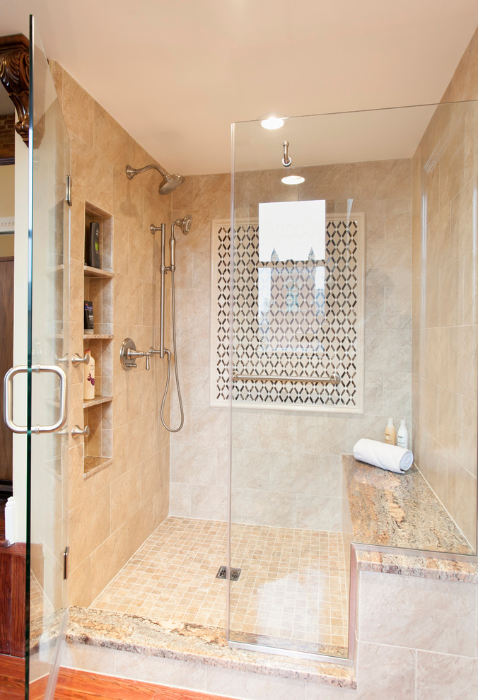 Large traditional ensuite bathroom in Bridgeport with an alcove shower, beige tiles, ceramic tiles, medium hardwood flooring and granite worktops.