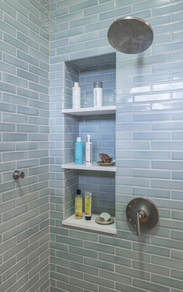 Example of a mid-sized minimalist master blue tile and ceramic tile ceramic tile walk-in shower design in Louisville with blue walls