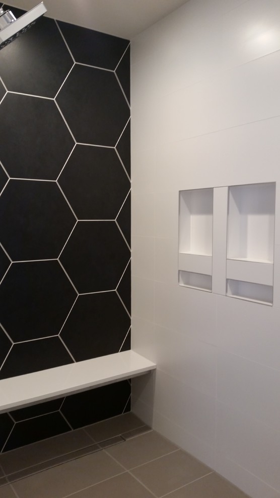Trendy master white tile ceramic tile walk-in shower photo in Seattle