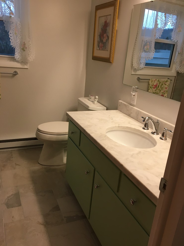 Photo of a small traditional shower room bathroom in Philadelphia with an alcove shower, a two-piece toilet, beige tiles, porcelain tiles, porcelain flooring, a submerged sink, onyx worktops, beige floors and a hinged door.