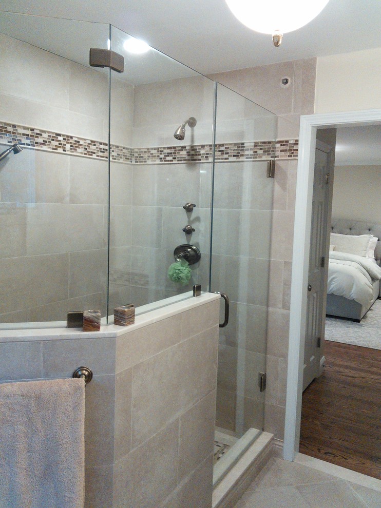 Shower with HalfWall and Frameless Glass Partition Modern Bathroom