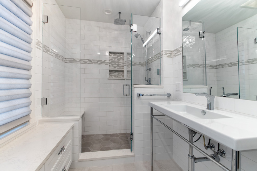 Shower with rainfall head and hex tile Transitional Bathroom