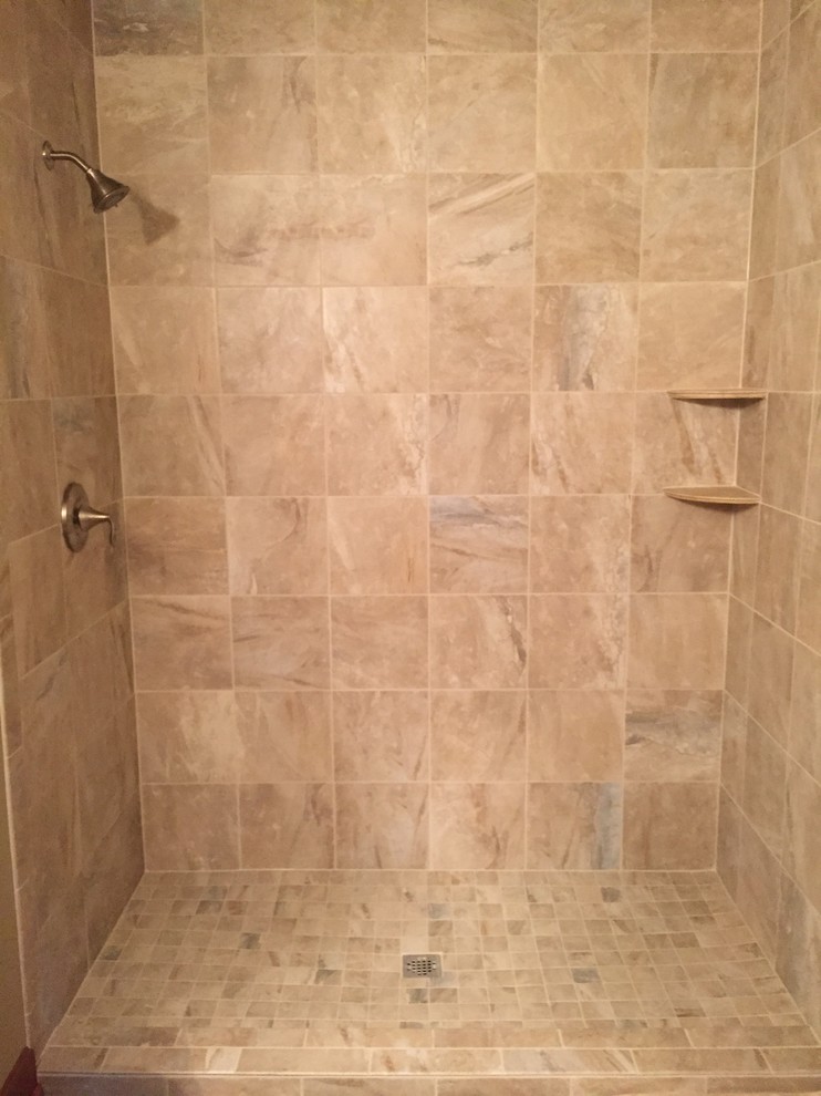 Inspiration for a medium sized traditional ensuite bathroom in Seattle with a walk-in shower, beige tiles, porcelain tiles and mosaic tile flooring.