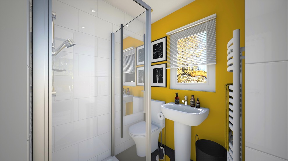 Idées déco pour une petite salle de bain principale contemporaine avec une douche d'angle, WC à poser, un carrelage blanc, des carreaux de céramique, un mur jaune, un sol en carrelage de céramique, un lavabo de ferme, un sol gris et une cabine de douche à porte battante.