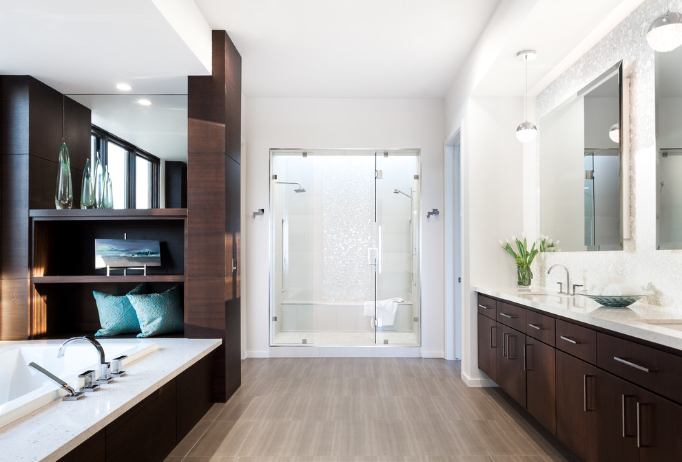 Design ideas for a large classic ensuite bathroom in Sacramento with a built-in sink, flat-panel cabinets, engineered stone worktops, a built-in bath, white tiles, mosaic tiles, white walls, porcelain flooring, dark wood cabinets, an alcove shower, brown floors and a hinged door.