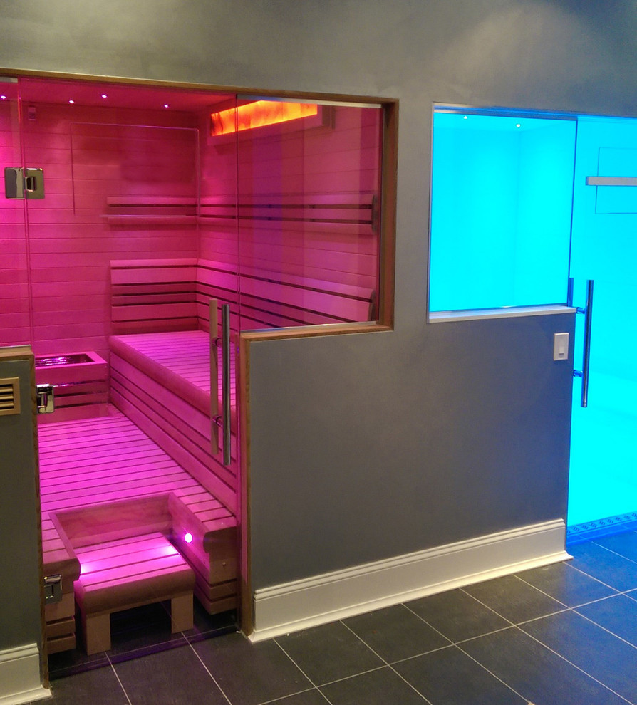 Photo of a large modern sauna bathroom in Chicago.