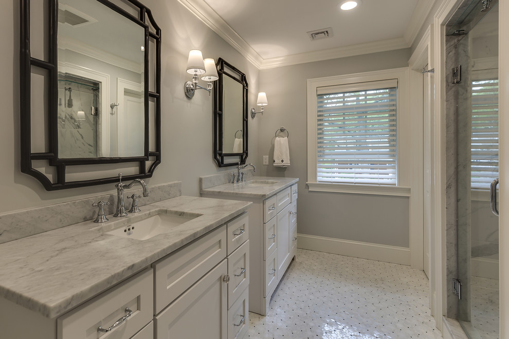 Inspiration for a mid-sized timeless master white tile and mosaic tile marble floor bathroom remodel in Boston with beaded inset cabinets, white cabinets, gray walls and marble countertops