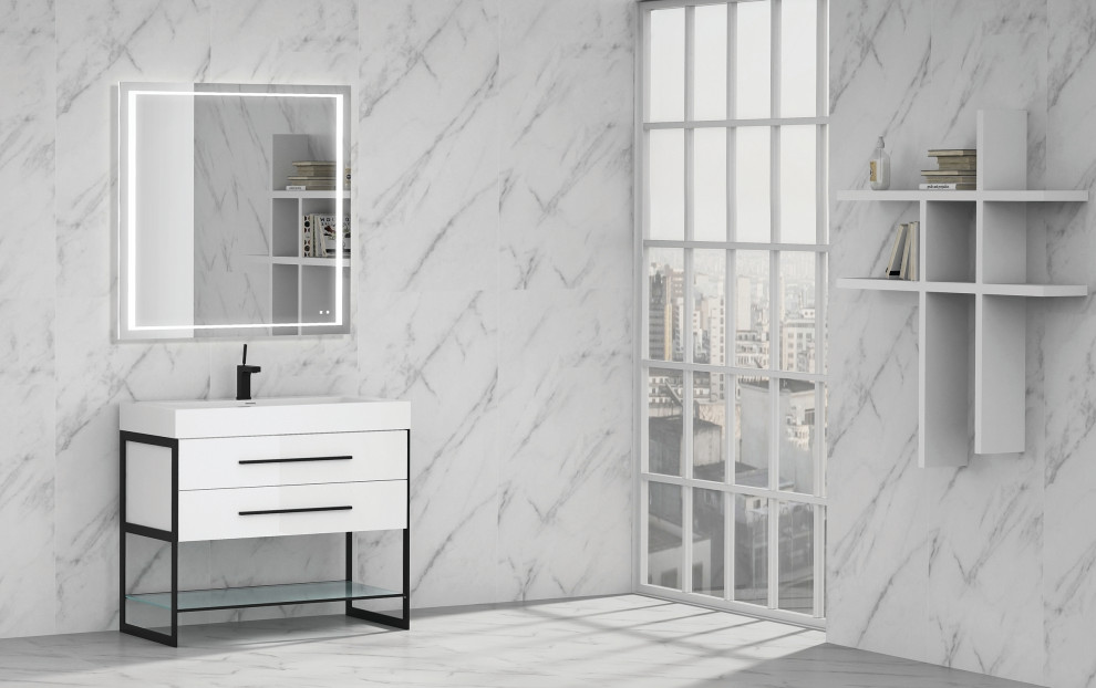 Design ideas for a medium sized modern bathroom in Miami with freestanding cabinets, white cabinets, solid surface worktops and white worktops.