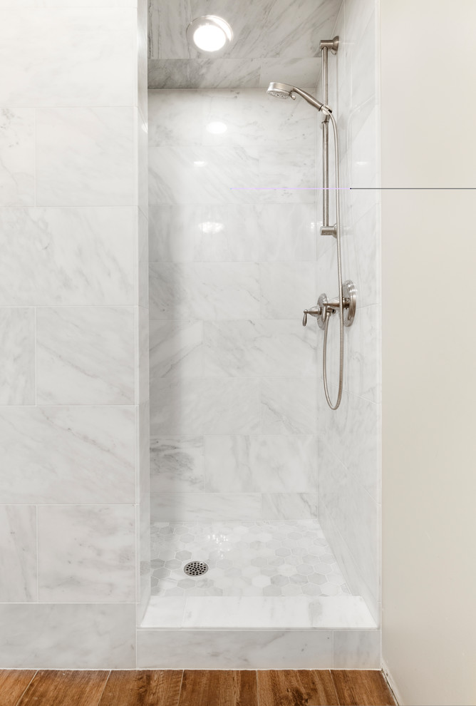Inspiration for a small classic ensuite bathroom in Salt Lake City with a shower/bath combination, grey tiles, marble tiles, beige walls, porcelain flooring, marble worktops, brown floors, an open shower and grey worktops.