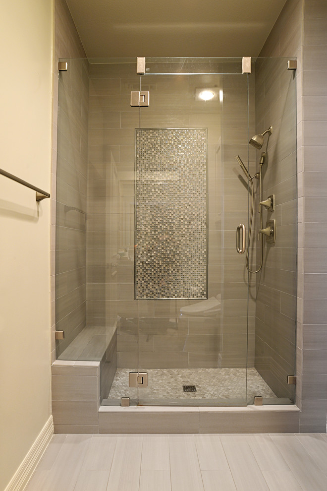 This is an example of a medium sized classic ensuite bathroom in Dallas with an alcove shower, multi-coloured tiles, mosaic tiles, beige walls and plywood flooring.