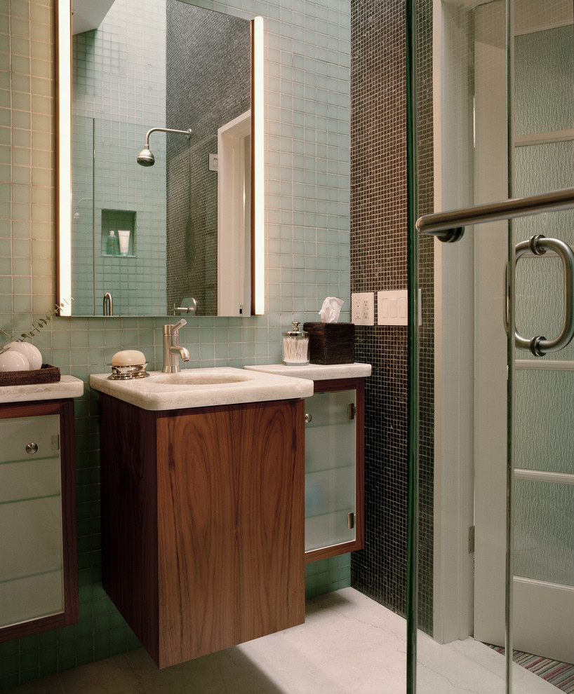 Inspiration for a contemporary bathroom in San Francisco with mosaic tiles.