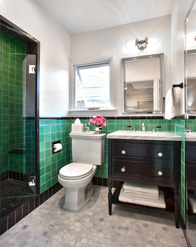 Photo of a small contemporary shower room bathroom in Los Angeles with dark wood cabinets, marble worktops, an alcove shower, green tiles, ceramic tiles, a two-piece toilet, grey walls, marble flooring, shaker cabinets and a submerged sink.