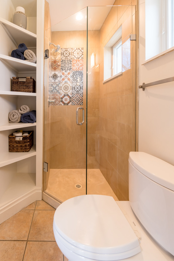 Corner shower - small contemporary 3/4 multicolored tile and cement tile porcelain tile and beige floor corner shower idea in Denver with a two-piece toilet, white walls, a pedestal sink and a hinged shower door
