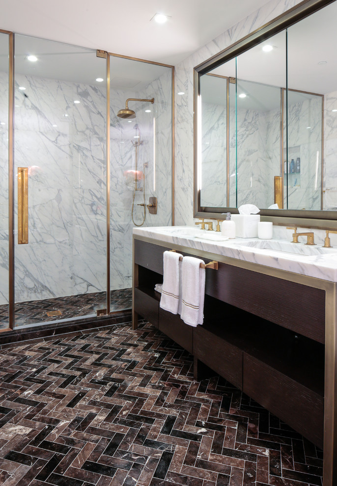 Bathroom - mid-sized modern master multicolored tile and ceramic tile ceramic tile bathroom idea in New York with flat-panel cabinets, dark wood cabinets, a two-piece toilet, white walls, an undermount sink and marble countertops