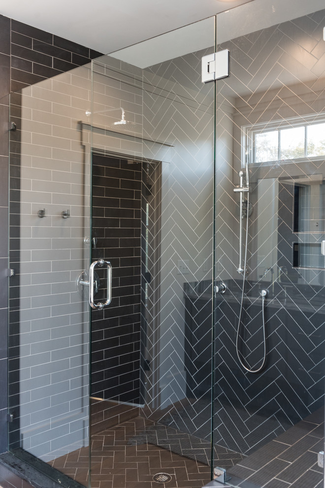 Large minimalist 3/4 black tile and subway tile cement tile floor and multicolored floor bathroom photo in Charleston with shaker cabinets, black cabinets, a two-piece toilet, white walls, an undermount sink and marble countertops