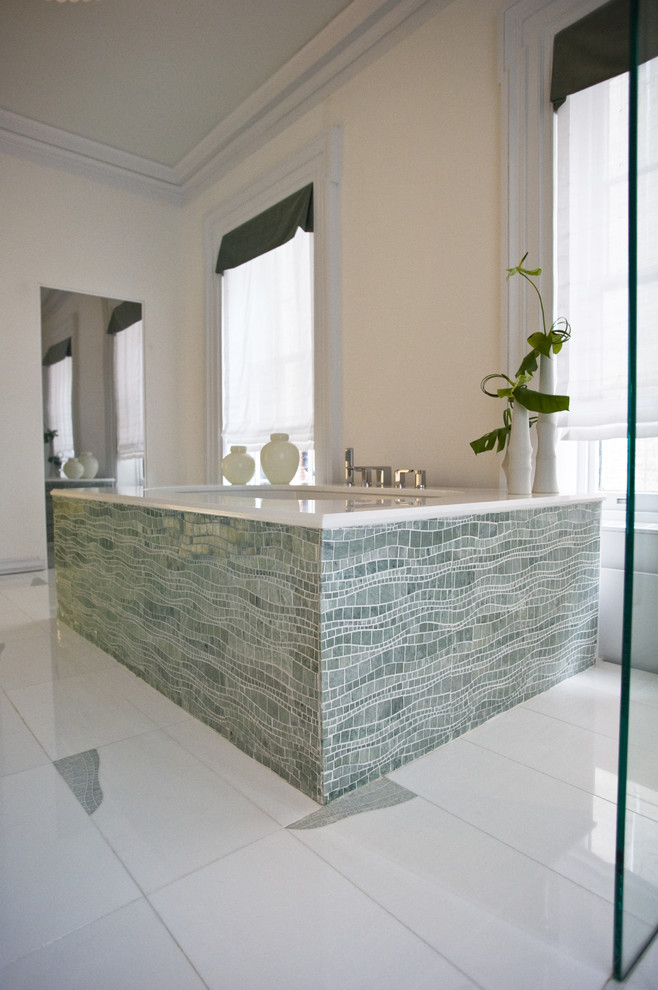 Example of a minimalist master multicolored tile bathroom design in New York with open cabinets and white walls