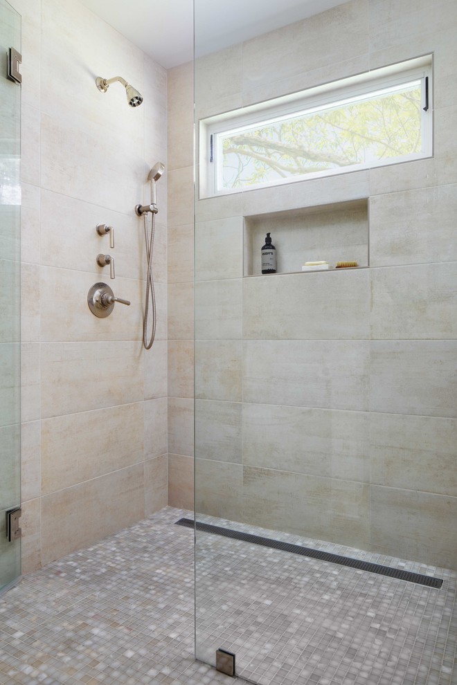 Design ideas for a medium sized contemporary ensuite wet room bathroom in Portland with shaker cabinets, a built-in bath, a one-piece toilet, white tiles, ceramic tiles, beige walls, mosaic tile flooring, a submerged sink, engineered stone worktops, a hinged door and white worktops.