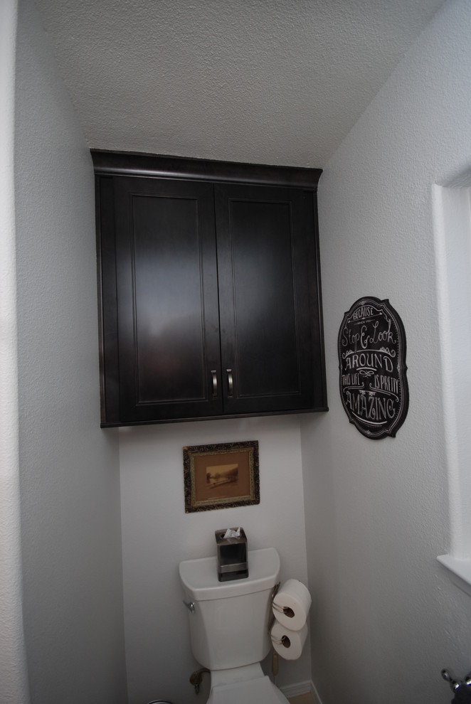 Mid-sized transitional kids' white tile and wood-look tile porcelain tile bathroom photo in Other with an undermount sink, flat-panel cabinets, dark wood cabinets, granite countertops, a two-piece toilet and gray walls
