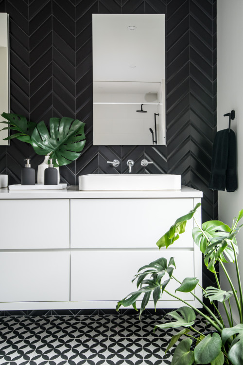 Modern Chic: Black Chevron Tiles and White Vanity Sophistication for Scandinavian Bathroom Ideas